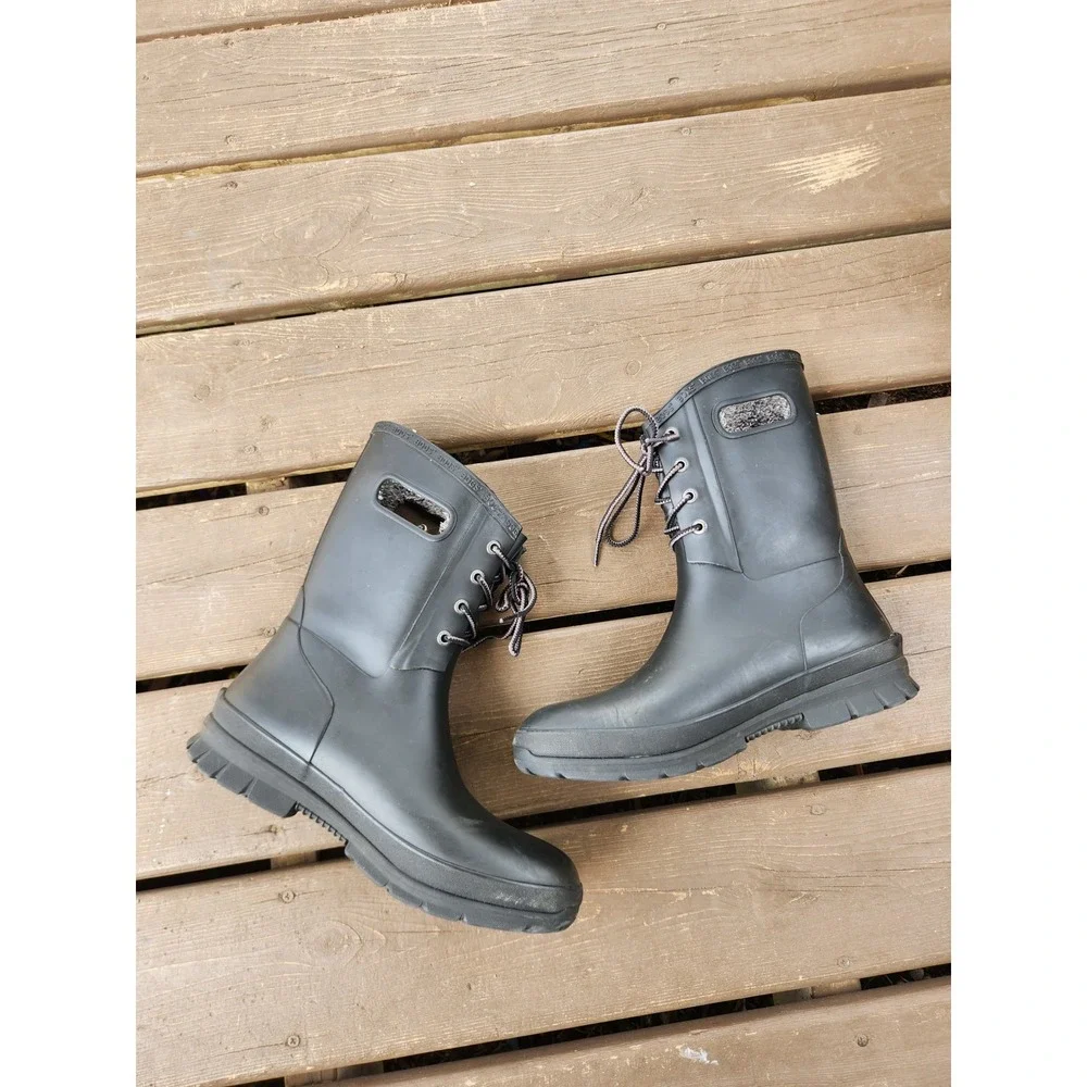Bogs Amanda II Lace-up Rubber Rain Boots Black Waterproof Faux Fur Lined Women 9